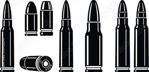 Minimalist vector art close up row of rifle and pistol bullets and cartridges arranged flat on white background high contrast side view detailed headstamp visible