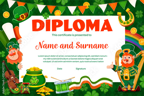 Kids diploma certificate for happy St Patrick's day holiday celebration. Vector festive Irish award frame template with cartoon leprechaun character, rainbow, pot with gold coin, horseshoe or shamrock