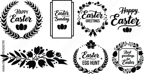 Minimalist black easter wreath and badge vector set showing eggs floral wreaths and branch ornament greeting text close up flat design top view festive simple monochrome