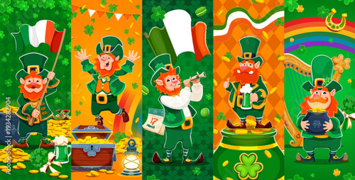 Funny cartoon leprechaun characters of happy St Patrick's holiday. Vector Irish festival collage with clover, pot of gold, rainbow, harp or beer mug, funny personages celebrating lucky march tradition