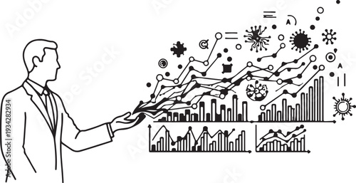 "Health data analytics vector illustration showing executive silhouette with charts and medical icons symbolizing pandemic analysis and decision-making"
