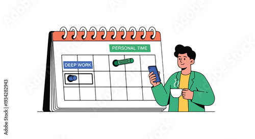 A man in a green jacket holds a smartphone and a coffee cup next to a large calendar on a flat 2D background, representing a remote work lifestyle.