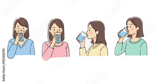 Set of four illustrations of women drinking water from glasses, showcasing healthy hydration habits