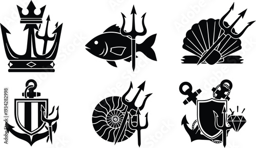 Minimalist nautical trident and anchor emblem set with crown shell fish shield and nautilus icons arranged in six black silhouette symbols design