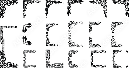 Vintage ornamental corner flourish elements close up set of twenty decorative black vector corner designs isolated on white background flat design ornate swirls leaves filigree elegant