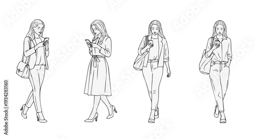Collection of minimalist line art illustrations depicting diverse young women actively engaging with their smartphones, symbolizing modern communication, digital connectivity, and the integration of t