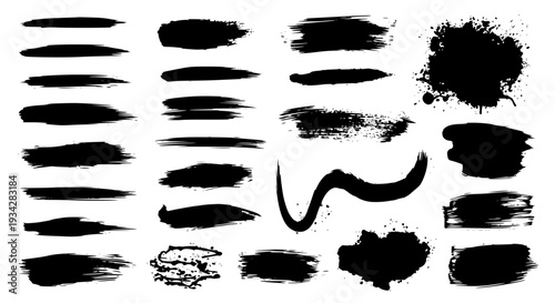 Brush strokes and splatters hand-drawn set with black grunge textures and artistic effects featuring ink splashes,