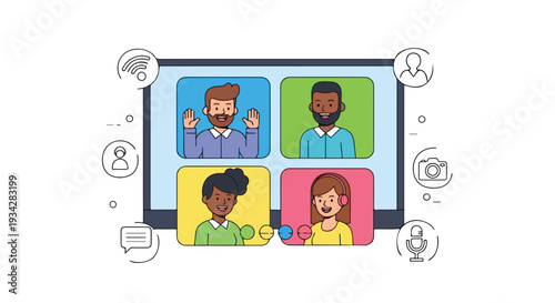 Flat 2D illustration of four diverse people on a remote work video call on a tablet with icons around it