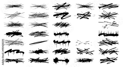 Strokes hand drawn set with grunge texture and black ink effects featuring abstract shapes, messy lines, artistic