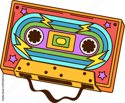 Retro groovy tape cassette decoration or sticker. Funky colorful decoration, comic vintage vector sticker. Hippie isolated decoration or groovy retro element with retro music tape player cassette