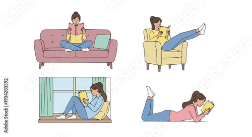 Diverse Illustrations of a Woman Embracing the Concept of Comfortable Reading Enjoying Books in Various Relaxed Postures within Cozy Home Settings