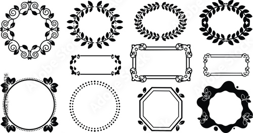 Flat design black silhouette ornamental vector wreath and decorative frames set with laurel circle vintage corner labels hexagon badge and dotted border on white background elegant