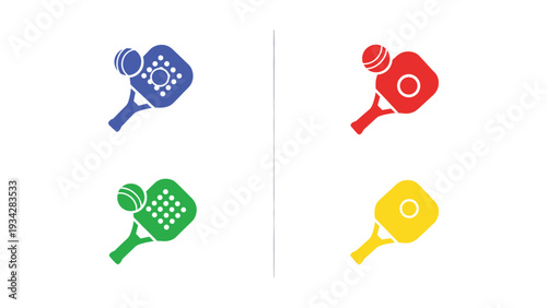 Four colorful badminton rackets displayed in pairs with different color schemes