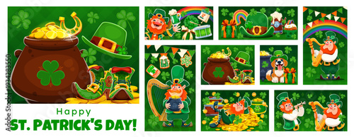 Happy Saint Patrick's Day holiday characters festive collage with shamrocks, cartoon vector. Funny leprechaun characters with gold coins, Ireland flag and lucky horseshoe for St Patrick greetings
