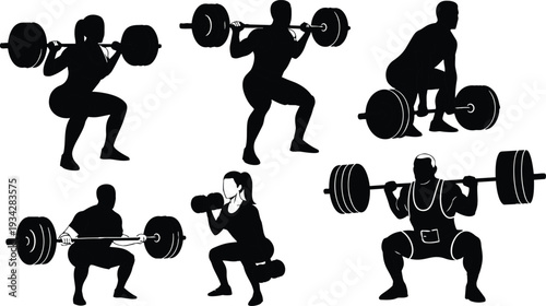 Minimalist vector silhouettes low angle weightlifters performing back squat and deadlift multiple poses with barbells close up gym scene strong athletic figures front profile