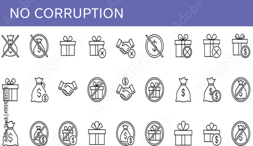 No corruption concept line icons set, anti bribery money prohibition gift ban transparency ethics business outline vector collection
