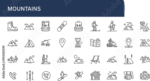 Mountain adventure line icons set, hiking camping skiing snowboard travel nature vector outline collection isolated on white