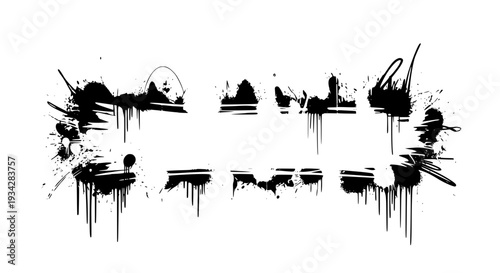 Splatter ink frame with grunge drips and paint splatters, black abstract design featuring border, distressed, textured