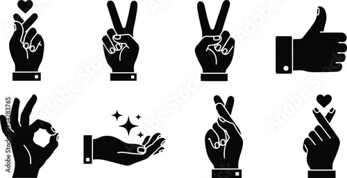 Minimalist flat design close up row of black hand gesture icons showing finger heart peace sign thumbs up ok palm sparkles crossed fingers isolated white background
