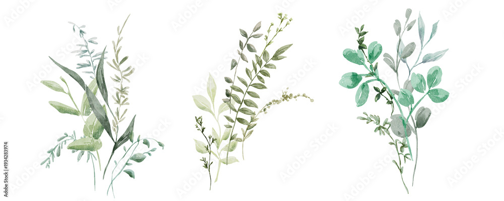 Fototapeta premium Watercolor greenery foliage bouquets set, floral green clip art