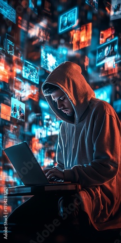 Guy in a hoody using a laptop, surrounded by virtual video shots on a digital background, symbolizing the future of content creation and online media