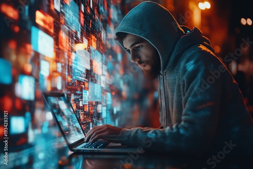 Guy in a hoody using a laptop, surrounded by virtual video shots on a digital background, symbolizing the future of content creation and online media