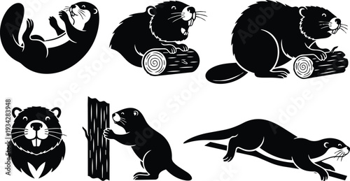 Minimalist black beaver and otter vector set showing playful otter rolling beaver chewing log close up side view flat design icon sheet silhouette high contrast simple