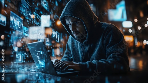 Guy in a hoody using a laptop, surrounded by virtual video shots on a digital background, symbolizing the future of content creation and online media