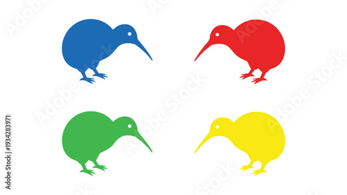 Four colorfully illustrated kiwi birds standing on a plain background