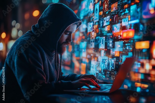 Guy in a hoody using a laptop, surrounded by virtual video shots on a digital background, symbolizing the future of content creation and online media