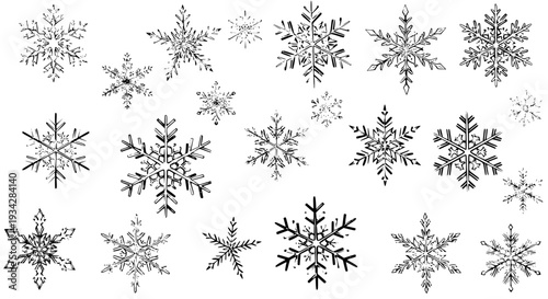 Snowflakes intricate set with detailed patterns and delicate lines featuring winter, ice, frost with cold and holiday