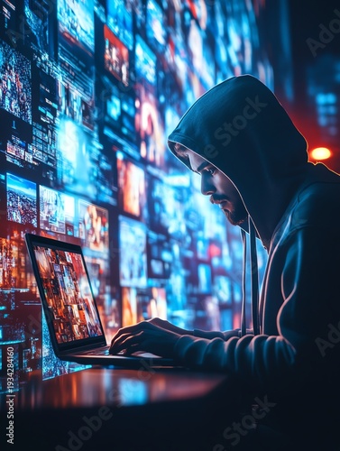 Guy in a hoody using a laptop, surrounded by virtual video shots on a digital background, symbolizing the future of content creation and online media