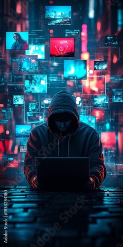 Guy in a hoody using a laptop, surrounded by virtual video shots on a digital background, symbolizing the future of content creation and online media