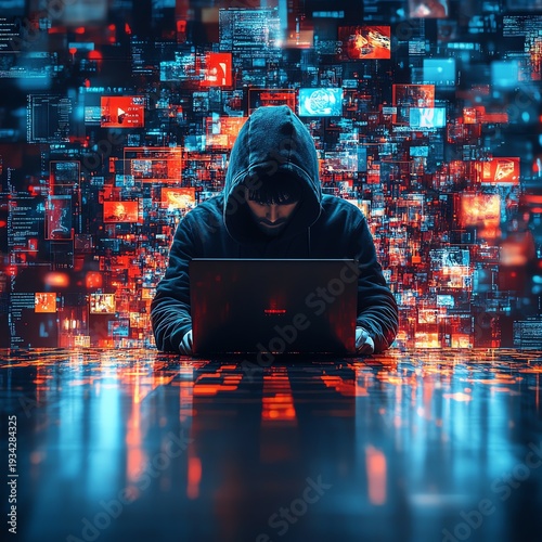 Guy in a hoody using a laptop, surrounded by virtual video shots on a digital background, symbolizing the future of content creation and online media