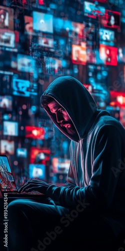 Guy in a hoody using a laptop, surrounded by virtual video shots on a digital background, symbolizing the future of content creation and online media