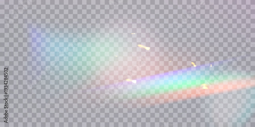 Light lens prism effect on transparent background. Holographic reflection, crystal flare leak shadow overlay. Vector abstract illustration.