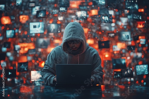 Guy in a hoody using a laptop, surrounded by virtual video shots on a digital background, symbolizing the future of content creation and online media
