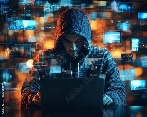 Guy in a hoody using a laptop, surrounded by virtual video shots on a digital background, symbolizing the future of content creation and online media