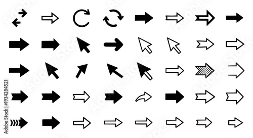 Arrows icon set with different styles and directions, including cursors and refresh symbols. featuring icons,