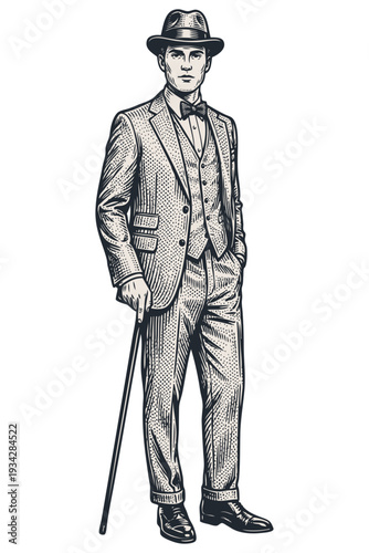 Vector engraving illustration of a vintage gentleman in an elegant suit, hat, and bow tie holding a cane. Retro character isolated on white.