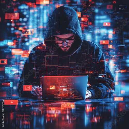 Guy in a hoody using a laptop, surrounded by virtual video shots on a digital background, symbolizing the future of content creation and online media