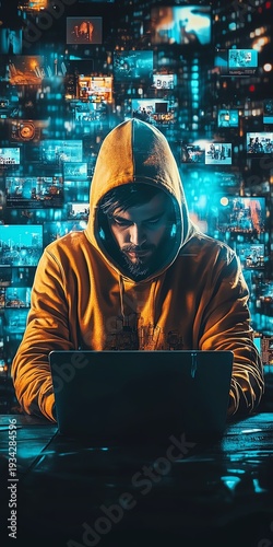 Guy in a hoody using a laptop, surrounded by virtual video shots on a digital background, symbolizing the future of content creation and online media