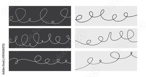 Black squiggle cable lines, wavy and curvy strokes set. Wiggly irregular long element isolated on white and black background, vector illustration.