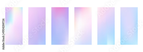 Pearl gradient backdrop with holographic nacre shine. Iridescent backgrounds set blends soft pastel pink, purple and blue tones in smooth ombre transition.Vector abstract bg