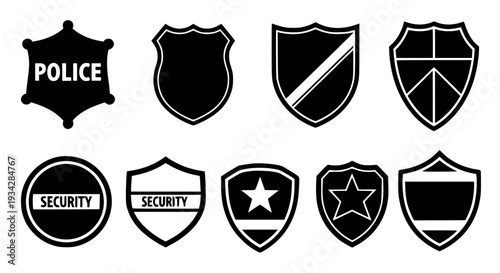 Badges security set with various shield designs and labels featuring badge, police, protection with safety and icon