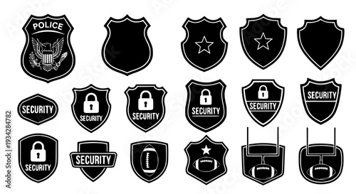 Badges security and police set with various symbols and icons featuring shield designs, badge collection, clean