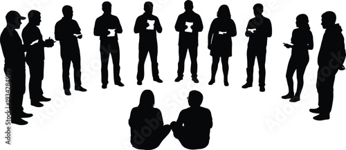 Black Silhouette Vector Set of People Standing in a Circle Holding Devices and Sitting on Floor for Group Discussion Community Meeting
