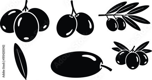 Minimalist vector art olive fruit and branch silhouettes close up multiple angles single leaf cluster horizontal layout black shapes on white background studio style flat design