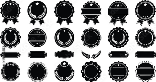 Flat design top view set of vintage circular award badges and ribbons in black silhouette with laurel wreaths stars blank labels for branding and stamp mockup
