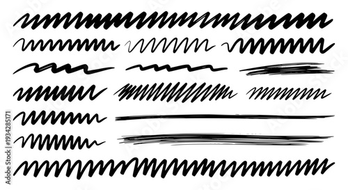 Lines hand drawn set with black scribble and thick stroke effects featuring brush strokes, grunge, rough with textured